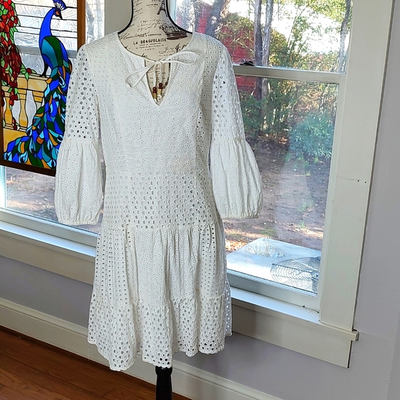 Vince Camuto Dresses & Skirts - Vince Camuto Drop Waist White Eyelet Dress Lined Bodice Midi Length SZ: …